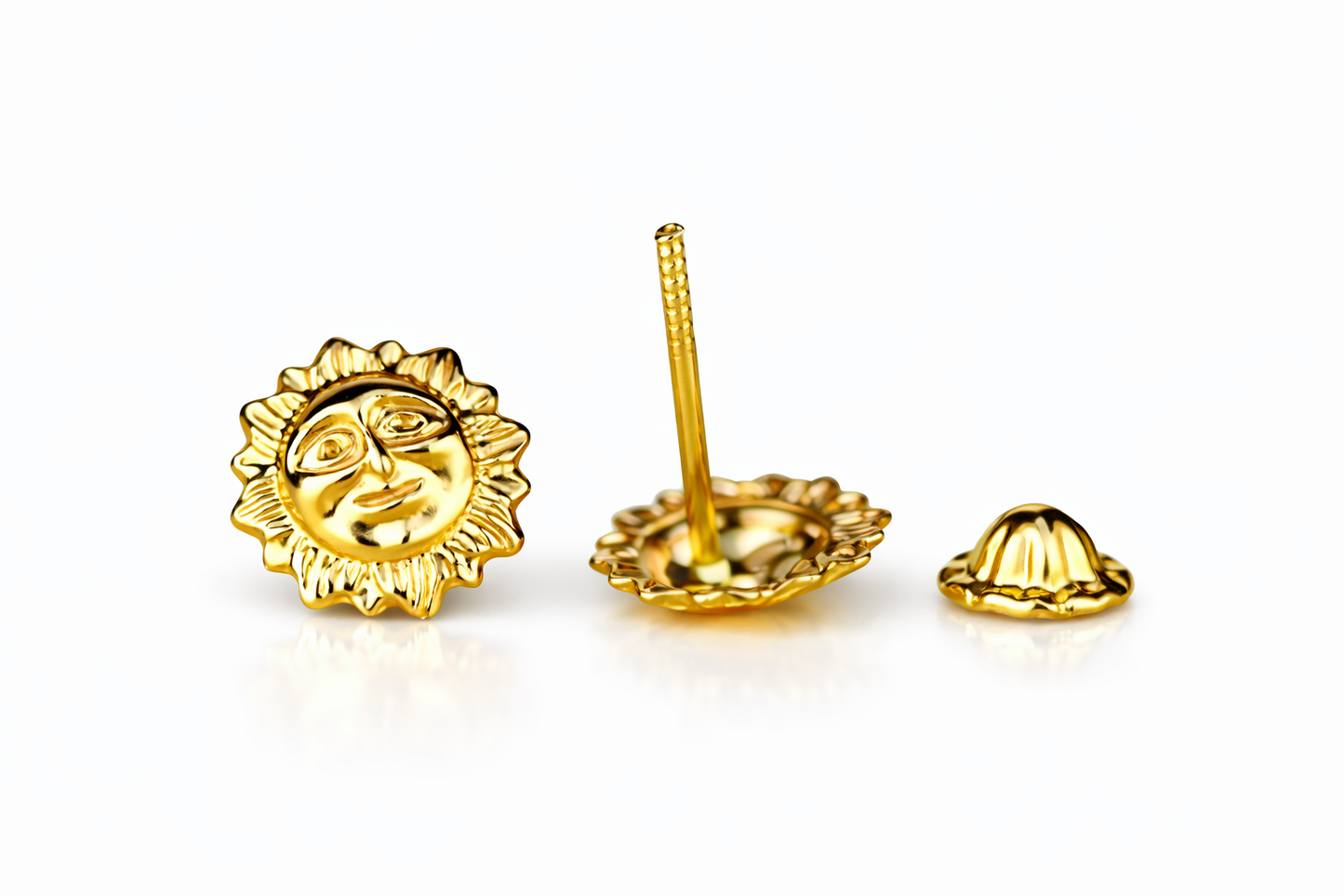 14k Yellow Gold Beautiful Sun Face Stud Earrings for Girl