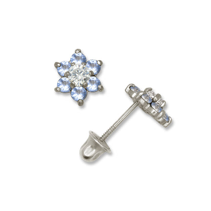 14k White Gold CZ Flower Birthstone Stud Screw Back Earrings