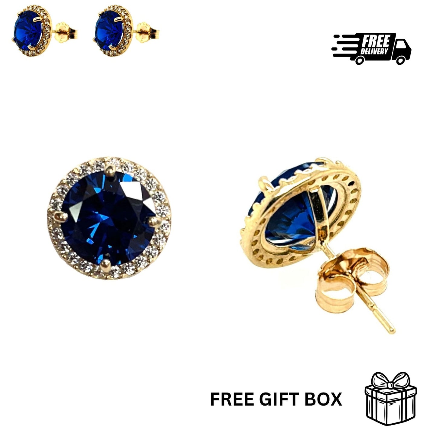 14K Solid Yellow Gold Halo Stud Push Back Earrings