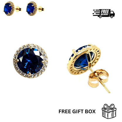 14K Solid Yellow Gold Halo Stud Push Back Earrings