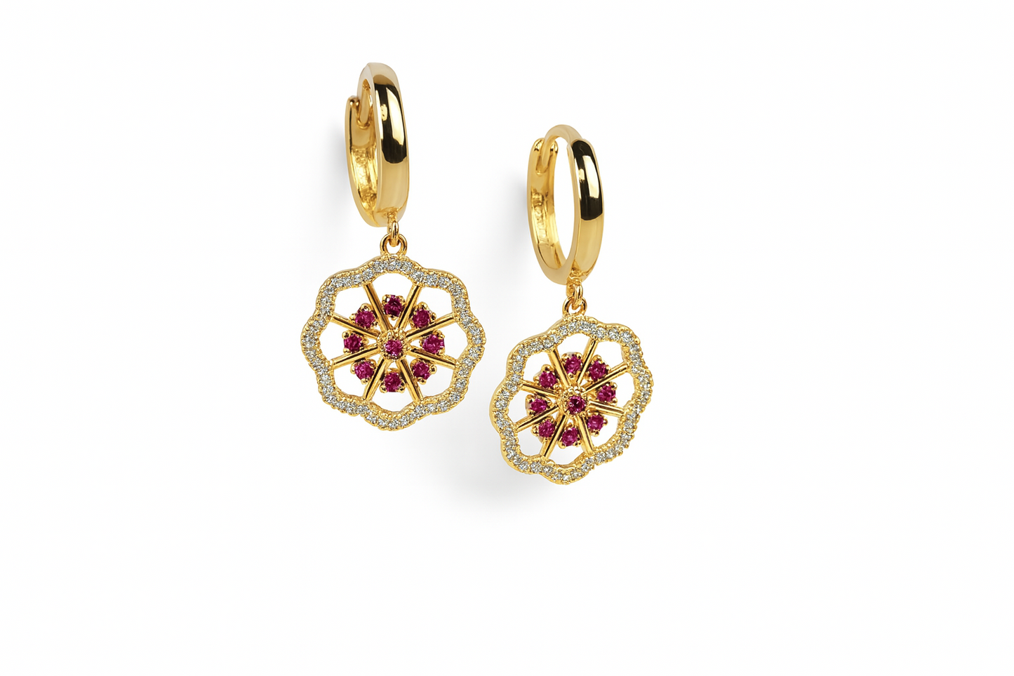 14k Yellow / White Gold Dangle CZ Flower Huggie Earrings