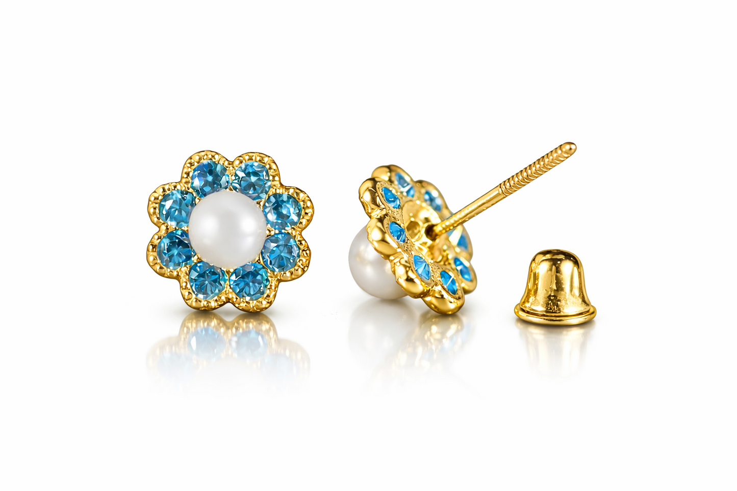 14k Yellow and White Gold Flower CZ Stud Earrings White Pearl with Screw Back