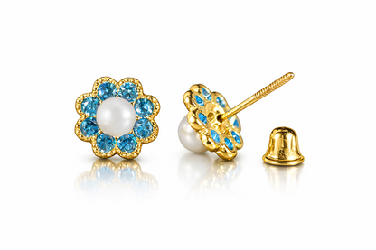14k Yellow and White Gold Flower CZ Stud Earrings White Pearl with Screw Back
