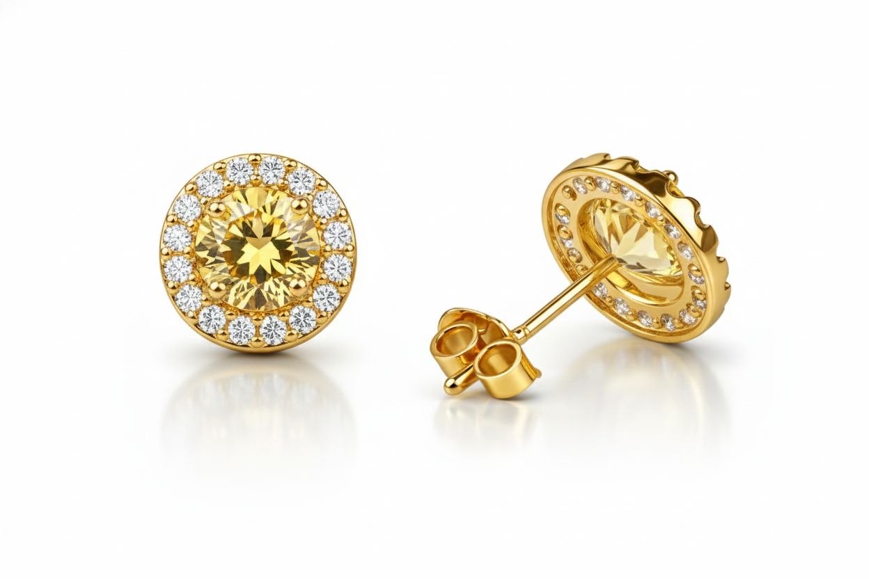 14K Solid Yellow Gold Halo Stud Push Back Earrings