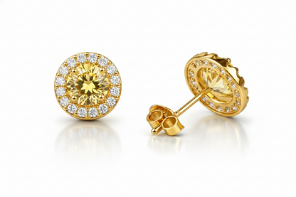 14K Solid Yellow Gold Halo Stud Push Back Earrings