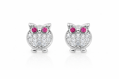14k Solid Yellow or White Gold Owl Screw Back Stud Earrings with CZ
