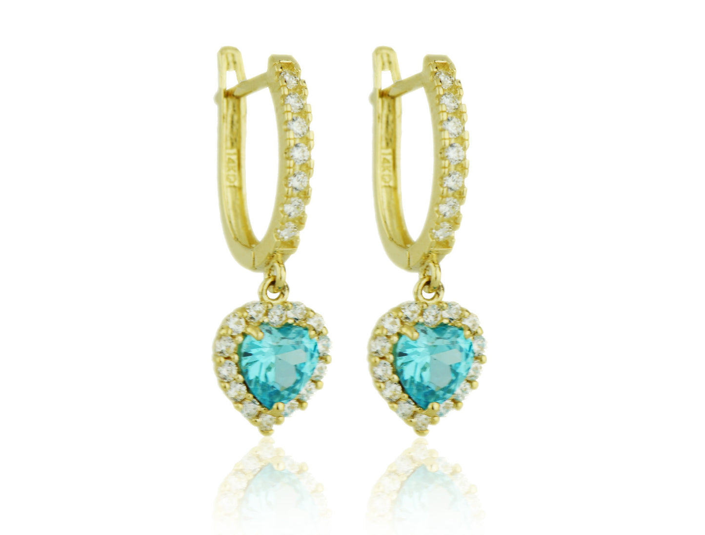 14k Yellow Gold Halo Heart Dangle Leverback Earrings