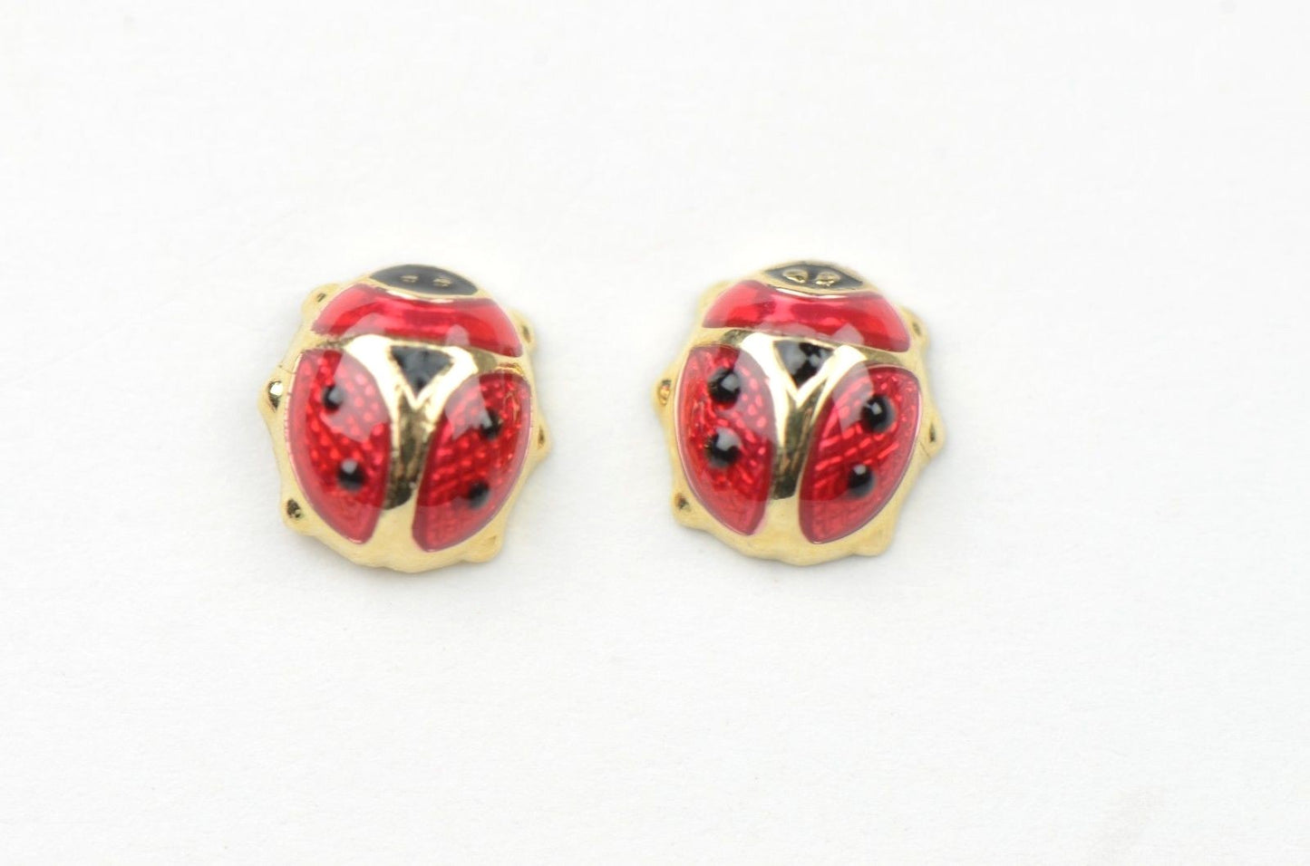 14k Yellow Gold Red and Black Enamel Lady Bug Baby earrings, Screw Back