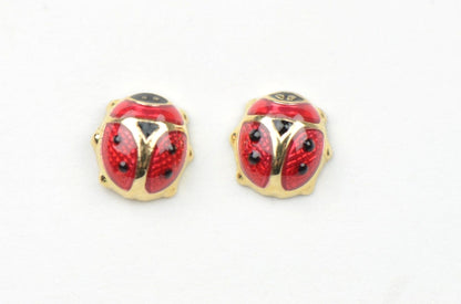 14k Yellow Gold Red and Black Enamel Lady Bug Baby earrings, Screw Back