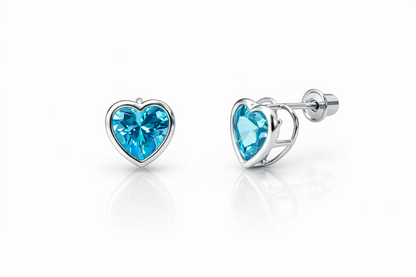 14K Solid White Gold Heart Birthstone Stud Earrings 6MM X 6MM