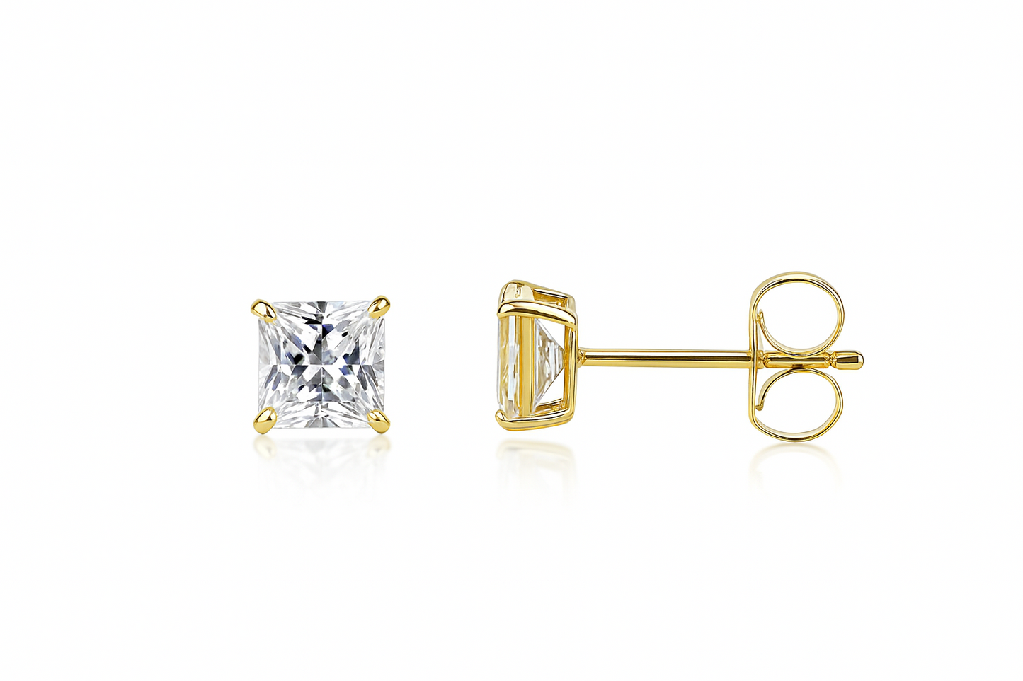 14k Heavy Basket Yellow Gold Square AAA Quality CZ Stud Earrings with Push Back