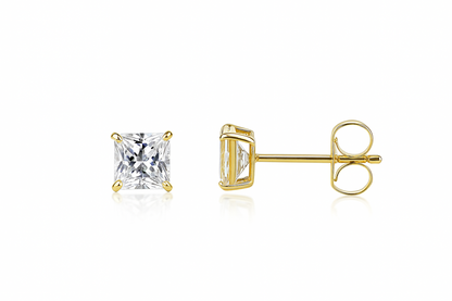 14k Heavy Basket Yellow Gold Square AAA Quality CZ Stud Earrings with Push Back