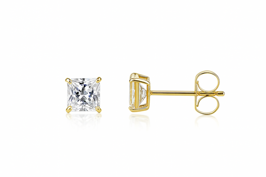 14k Heavy Basket Yellow Gold Square AAA Quality CZ Stud Earrings with Push Back