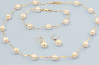 14k Yellow Gold Natural White Pearls Necklace, Bracelet, Earrings 3pcs Women Set