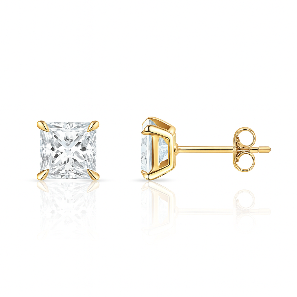14k Yellow Gold Solid Square Princess Cut Birthstone 6MM CZ Stud Earrings