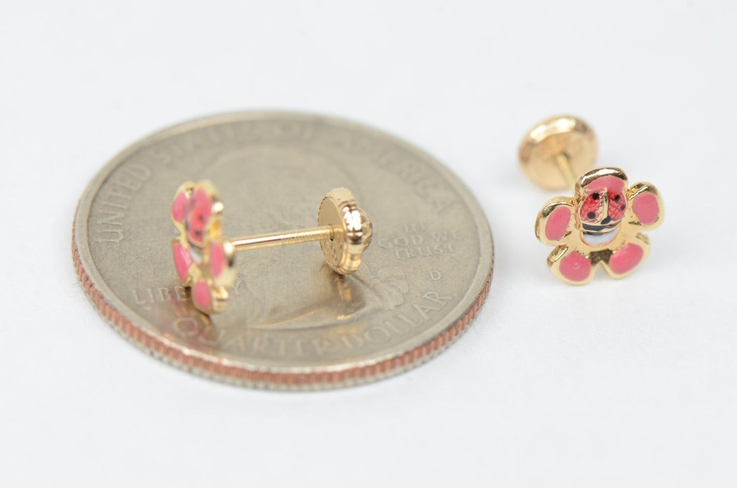 14k Yellow Gold Baby Enamel Flower earrings, Screw Back