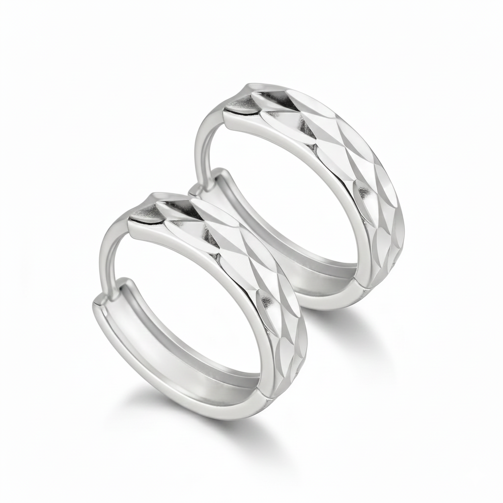 14k Yellow and White Gold Diamond Cut Huggie Hoop Earrings