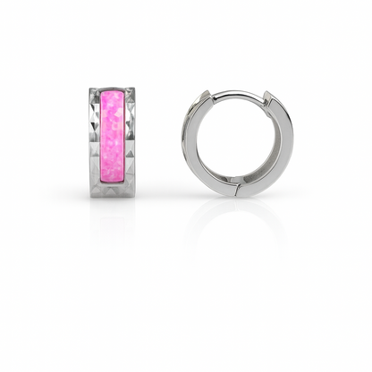 14k White Gold Opal  Light Pink Huggie Hoop Earrings