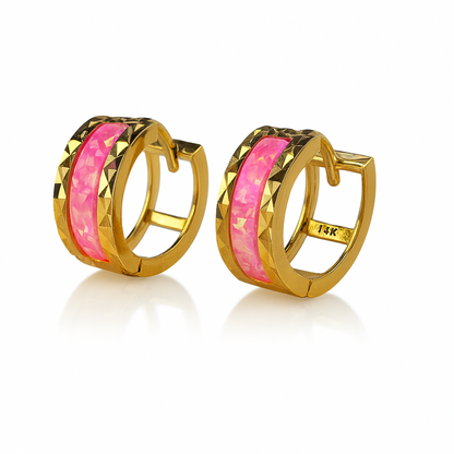 14k Yellow Gold Hot Pink Opal Huggie Hoop Earrings