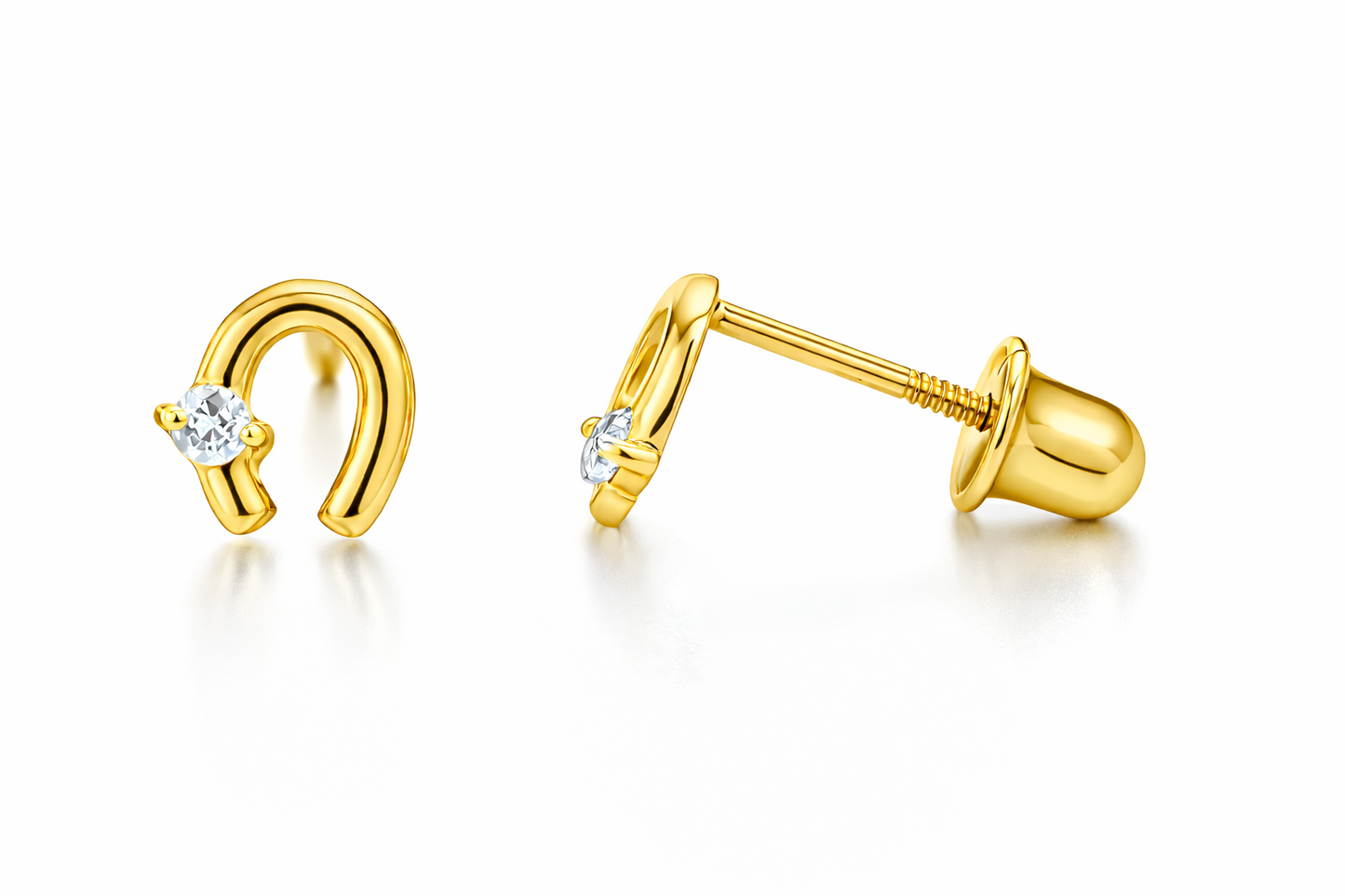 14k Solid Yellow or White Gold Horse Shoe Screw Back Stud Earrings with CZ