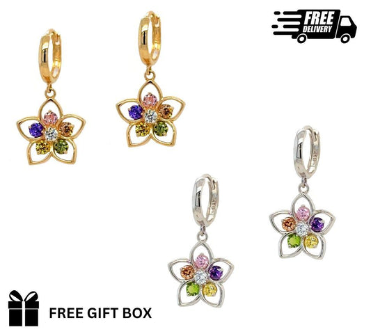 14k Yellow / White Gold Dangle CZ Flower Huggie Earrings