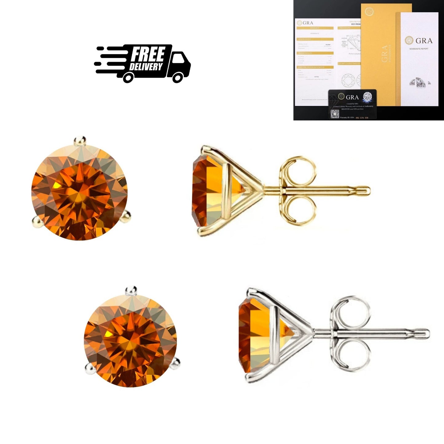 14KGold GRACertifiedD-VVS1 Orange Moissanite Martini PushBack Stud Earrings