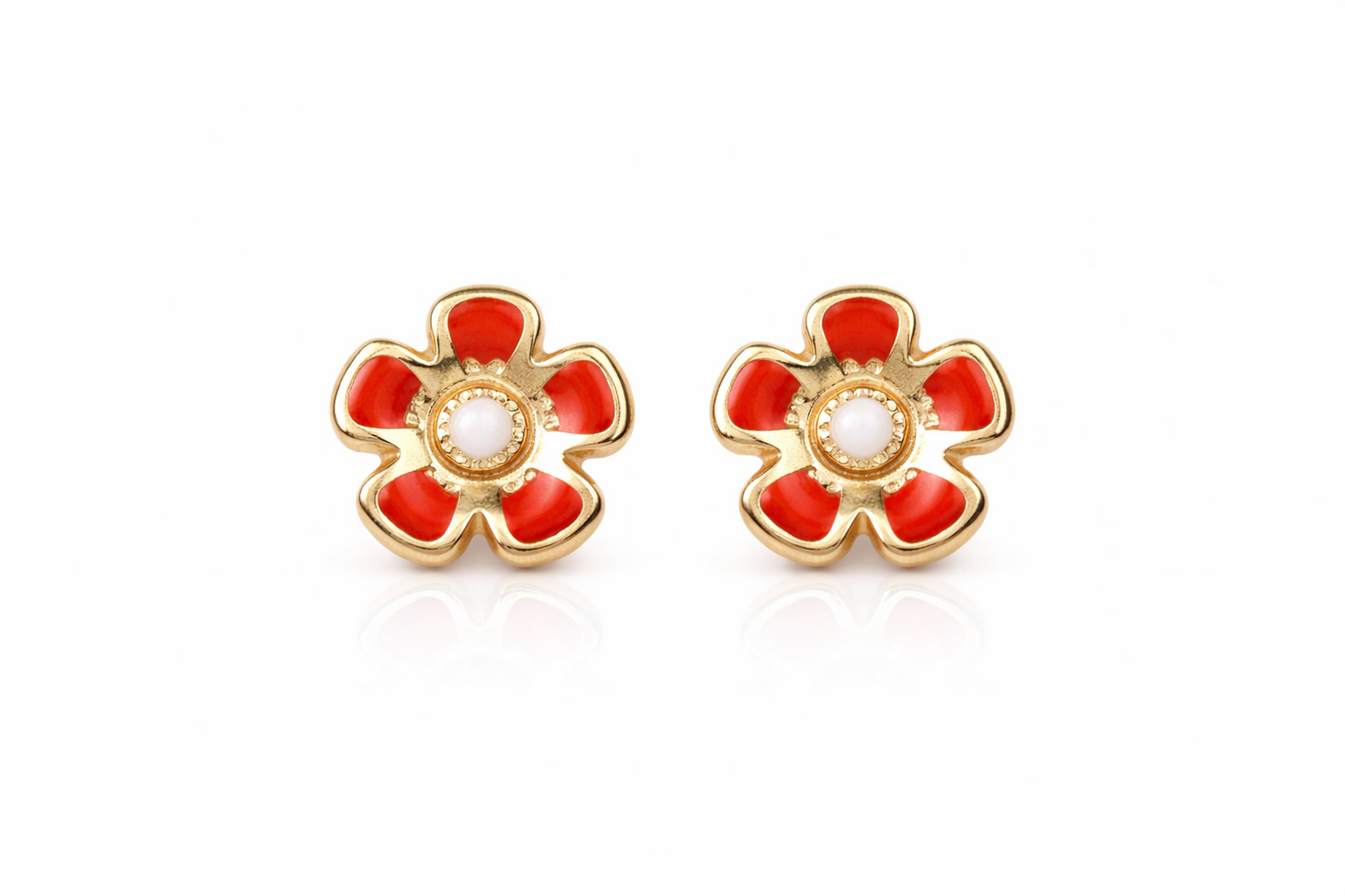 14k Yellow Gold Baby Enamel Flower earrings, Screw Back