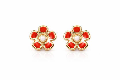 14k Yellow Gold Baby Enamel Flower earrings, Screw Back