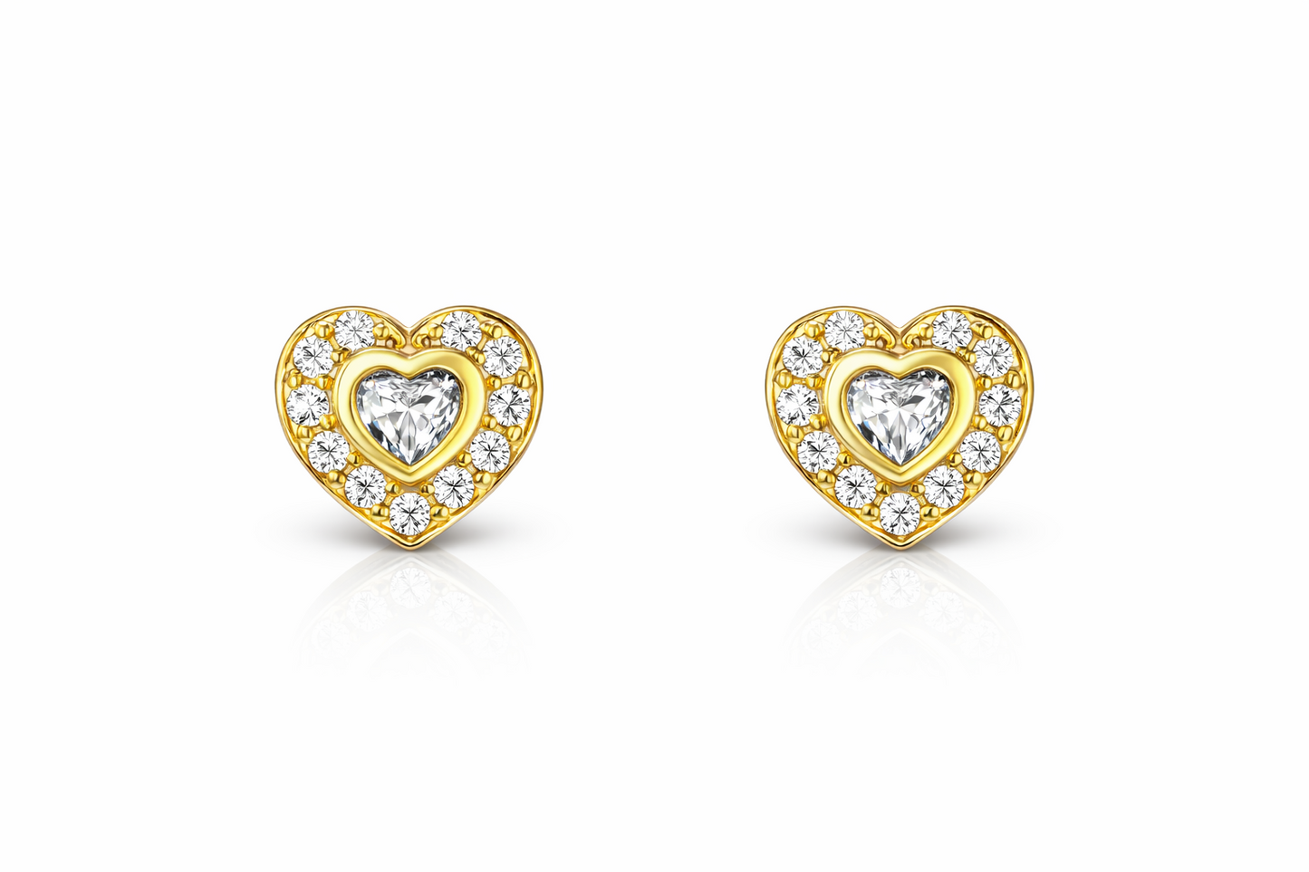14K Yellow Gold Birthstone Heart with CZ Stud Earrings Screw Back