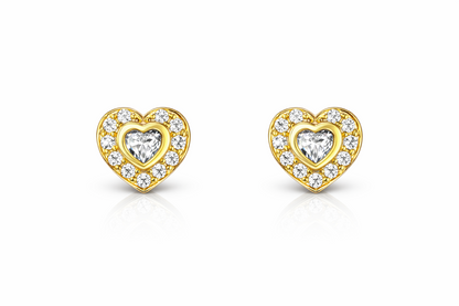 14K Yellow Gold Birthstone Heart with CZ Stud Earrings Screw Back