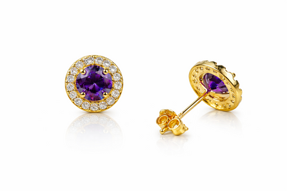 14k Yellow Gold Halo Stud Earrings with Push Back