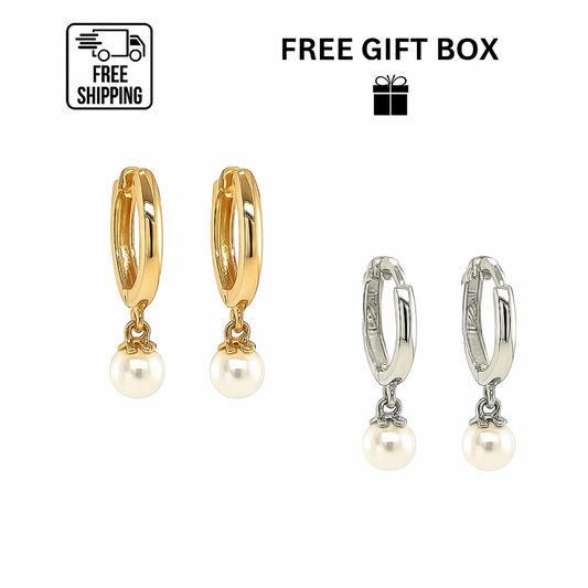 14k Yellow or White Gold Pearl Huggie Dangle Earrings