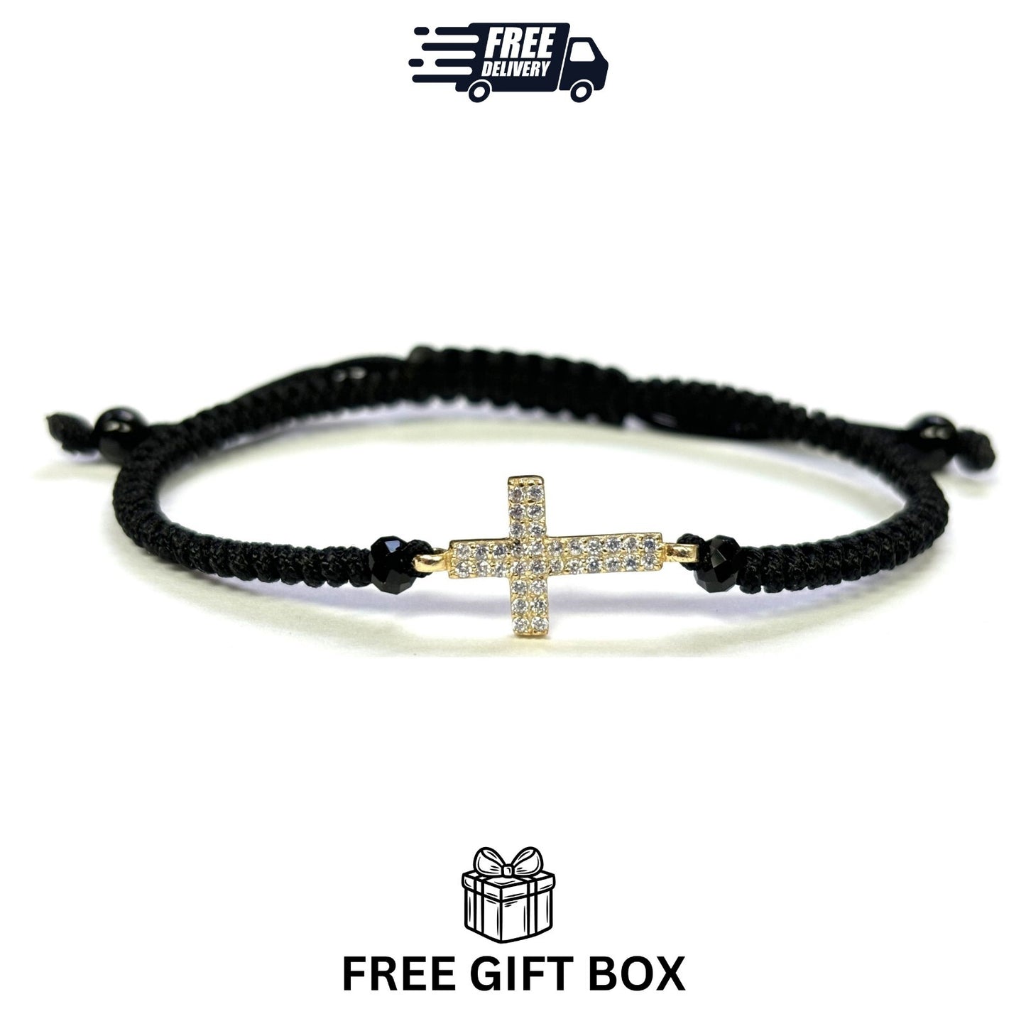 925 Sterling Silver String CZ Bracelet Cross 6" Adjustable to 11"