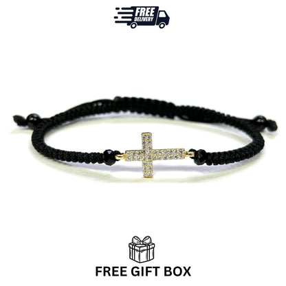 925 Sterling Silver String CZ Bracelet Cross 6" Adjustable to 11"