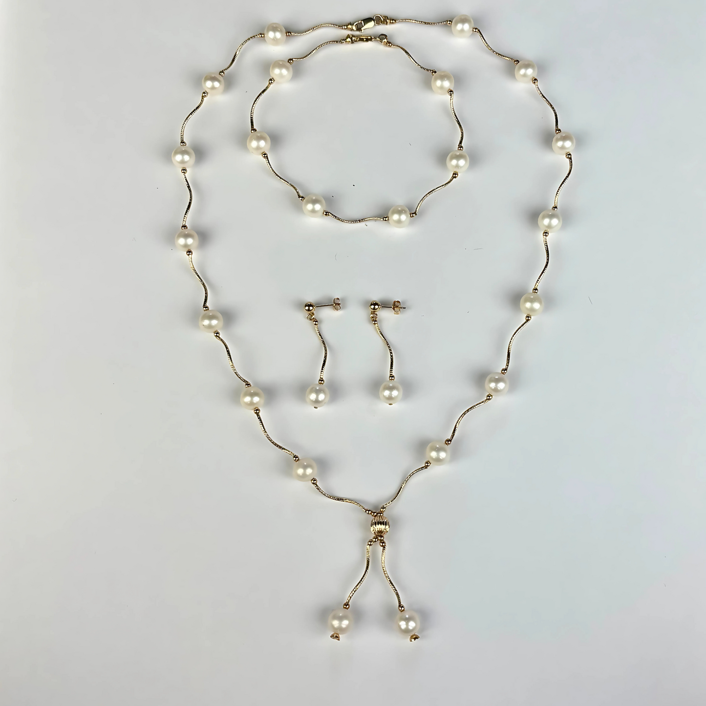 14K Yellow Gold Classic Freshwater Pearl Necklace Set for Women