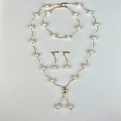 14K Yellow Gold Classic Freshwater Pearl Necklace Set for Women