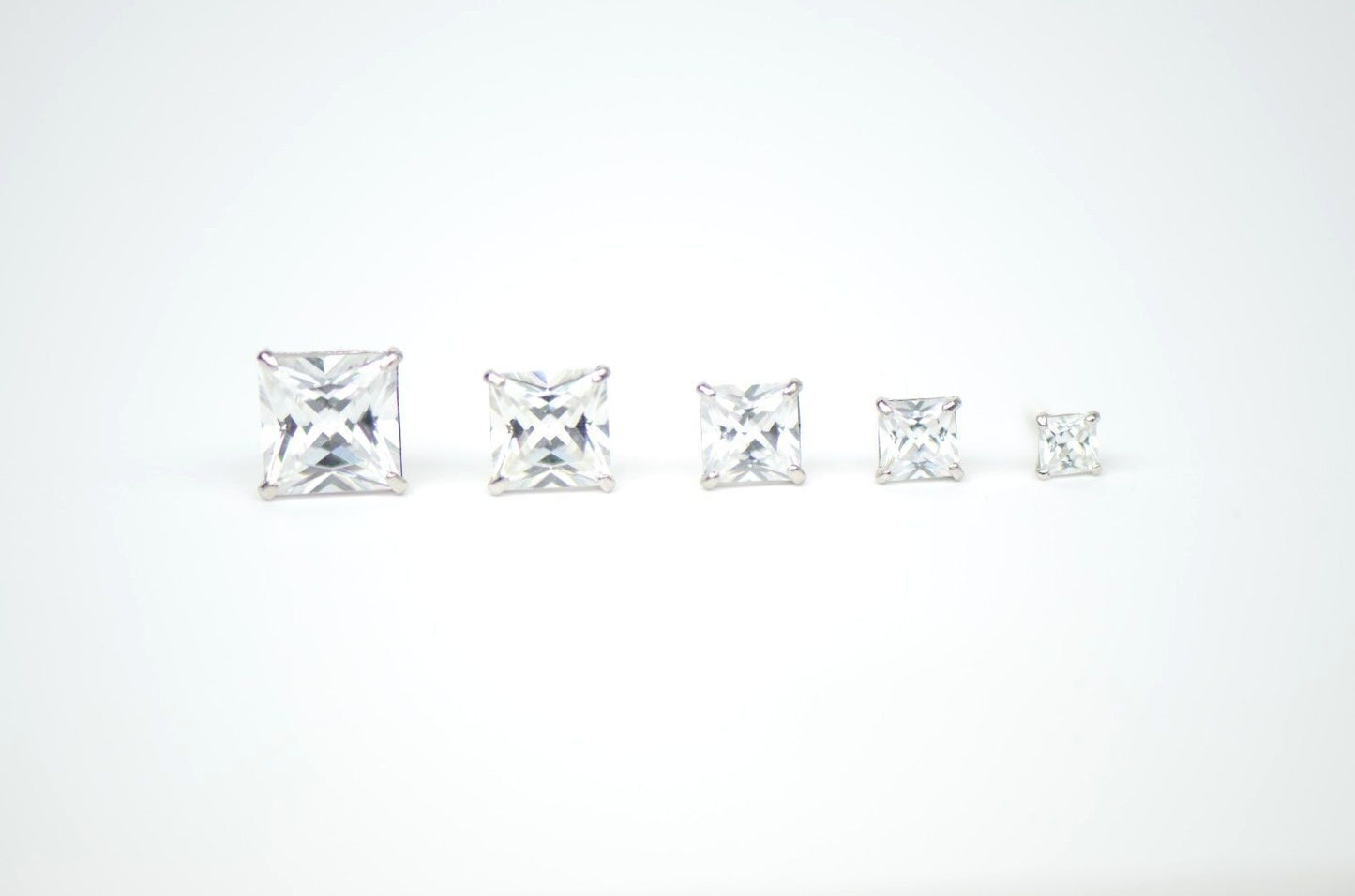 14k White Gold Square Princess Cut CZ Stud Earrings with screw back 3-7mm