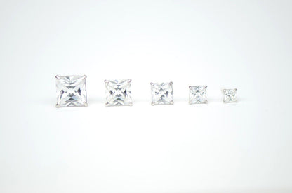 14k White Gold Square Princess Cut CZ Stud Earrings with screw back 3-7mm