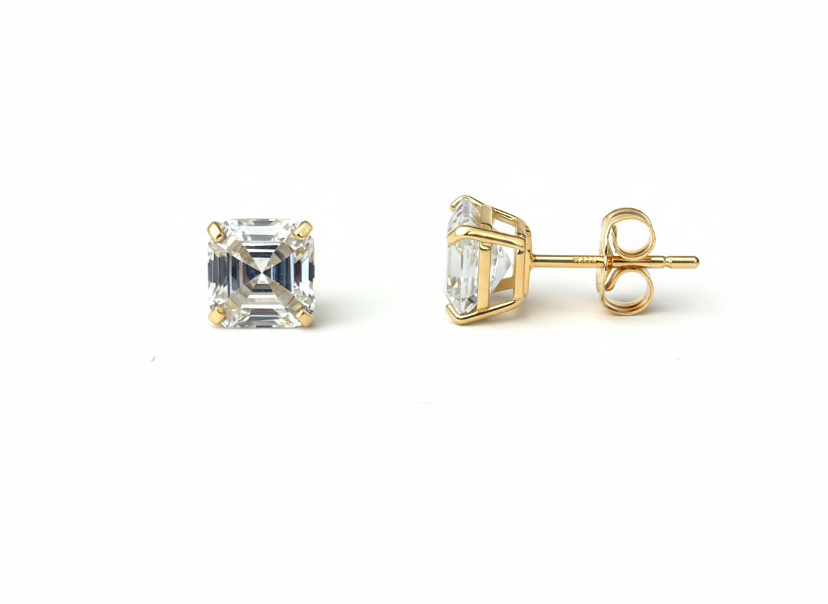 14K Yellow Gold Asscher Cut  Push Back Stud Earrings for Women