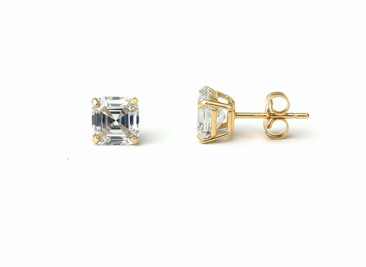 14K Yellow Gold Asscher Cut  Push Back Stud Earrings for Women