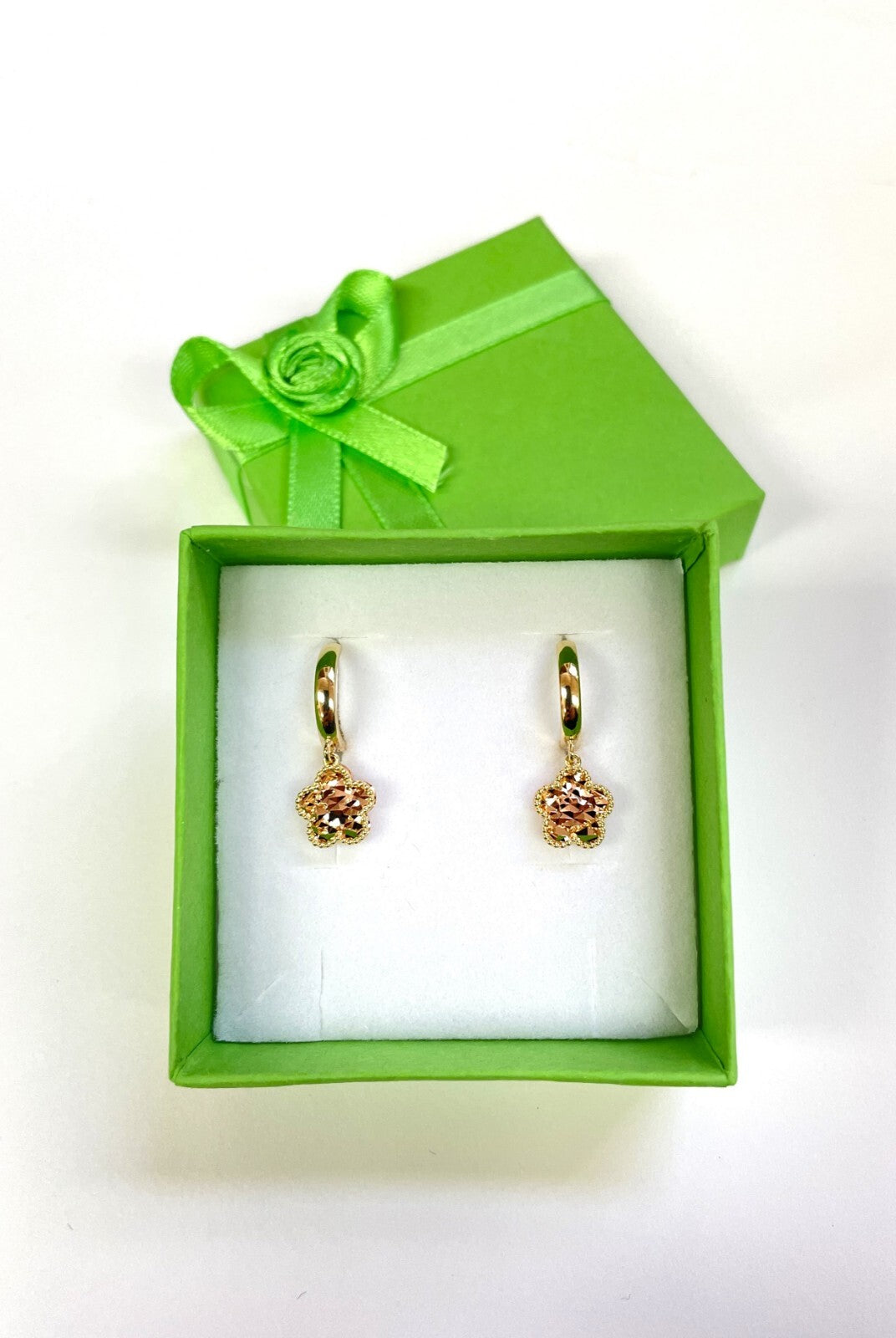 14k Yellow and Rose Gold Dangle Flower Hoop Huggie Earrings