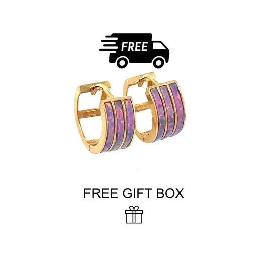 14k Yellow Gold Triple Row Purple Opal Huggie Hoop Earrings