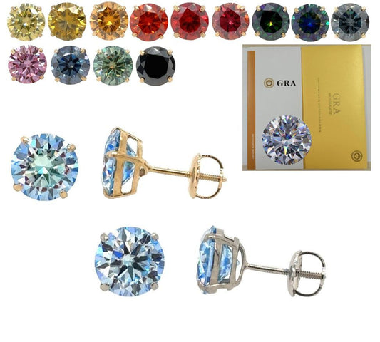 14K Gold GRA Certified D-VVS1 Round Colored Moissanite Screw Back Studs Earrings