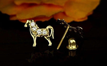 14k Yellow or White Gold Horse CZ  Stud Earrings