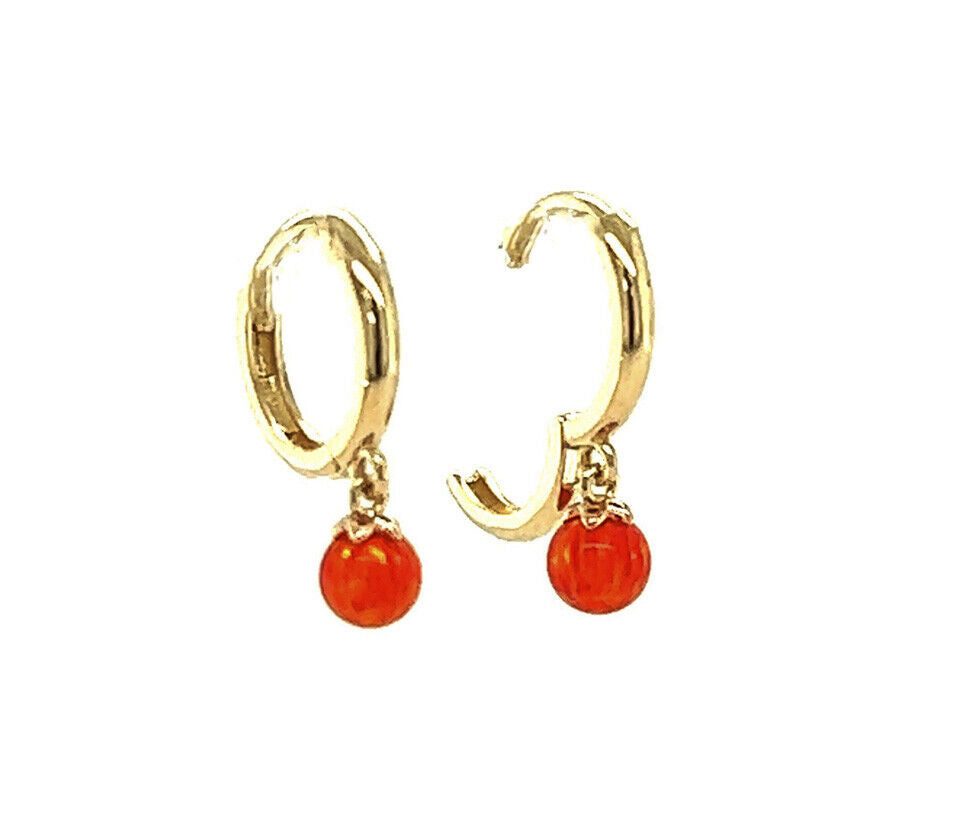 14k Yellow / White Gold Orange Opal Huggie Dangle Earrings