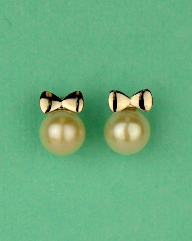 14K Yellow and White Gold Bow Tie Freshwater Pearl CZ Stud Earring