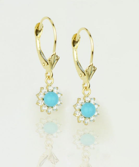 14k-Yellow-Gold-Turquoise Flower-CZ-Dangle-Earrings