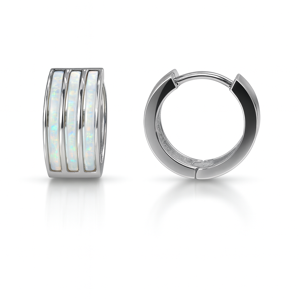14k White Gold Triple Row White Opal Huggie Hoop Earrings