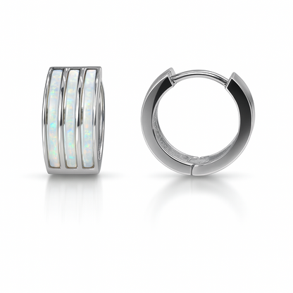 14k White Gold Triple Row White Opal Huggie Hoop Earrings