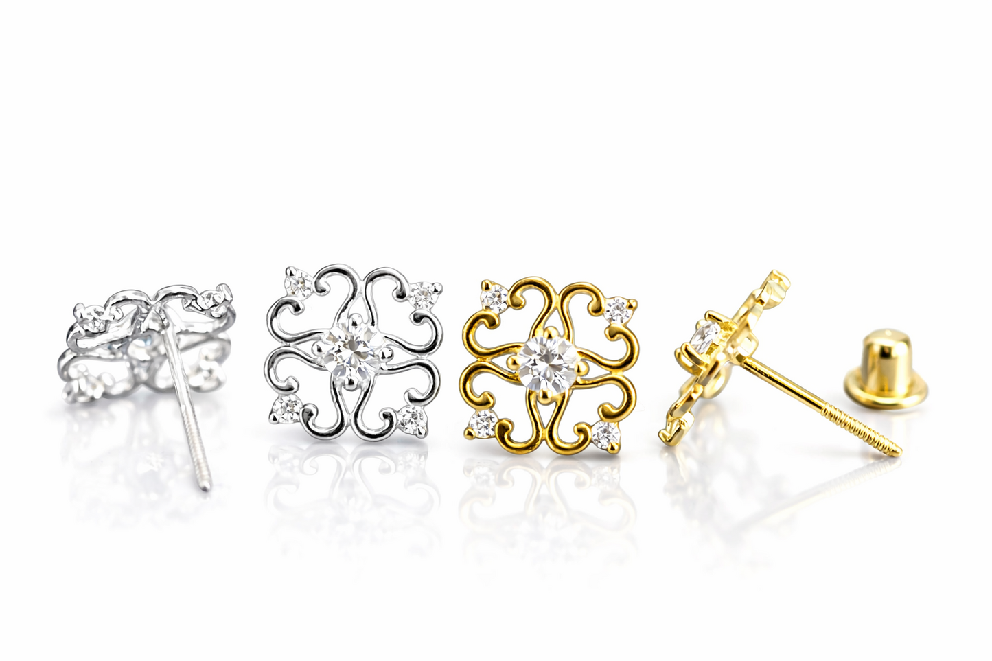 14k Yellow and White Gold Flower Stud Earrings with Cz